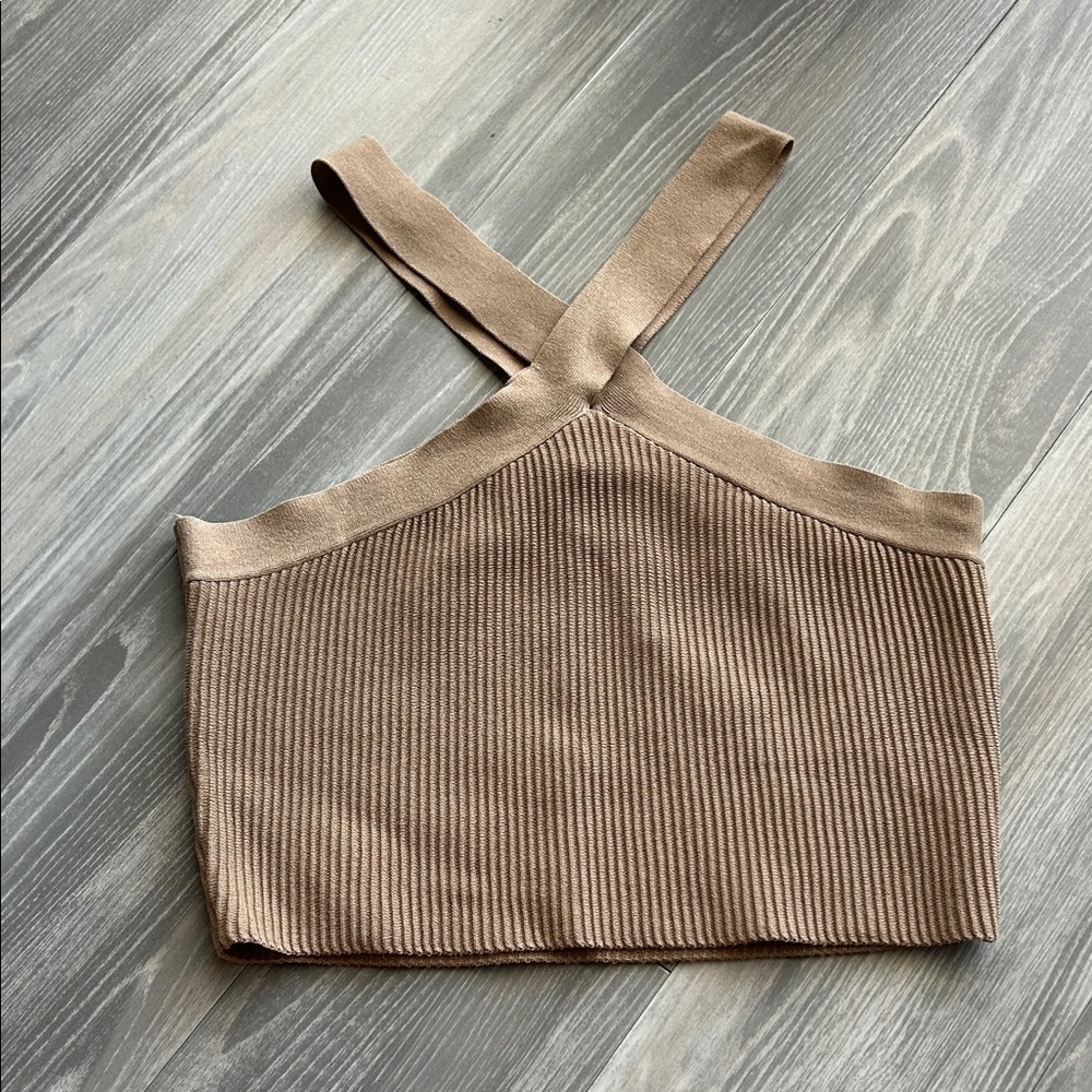 Love Tree Cross-Strap Tan Ribbed Tank Top